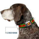 Robin "R" Logo Full Color Red/Black/Yellow Seatbelt Buckle Collar - Robin Action Pose/"R" Logo Stripe Green/Yellow/Red/Black