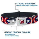 MARVEL COMICS Captain America Shield Full Color Navy Seatbelt Buckle Collar - Captain America Shield Repeat Navy