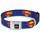 DC LEAGUE OF SUPER-PETS Logo Full Color Black/White Seatbelt Buckle Collar - DC League of Super-Pets Superman Shield Logo Blue/Red/Yellow