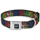 JUSTICE LEAGUE OF AMERICA Badge Black/White/Red/Blue Seatbelt Buckle Collar - JUSTICE LEAGUE OF AMERICA w/Superhero Blocks Black/Multi Color