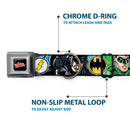 JUSTICE LEAGUE Star Logo Black/Silver-Fade/Red Seatbelt Buckle Collar - Justice League 4-Superhero CLOSE-UP Poses/Logos