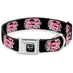 Superman Black Silver Seatbelt Buckle Collar - Super Shield Hibiscus Design Black/Pink