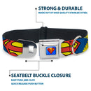 Superman Blue Seatbelt Buckle Collar - Jagged Superman Shield CLOSE-UP Yellow/Blue/Red