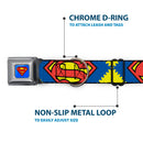 Superman Blue Seatbelt Buckle Collar - Jagged Superman Shield CLOSE-UP Yellow/Blue/Red