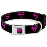 Superman Black/Hot Pink Seatbelt Buckle Collar - Superman Shield Black/Hot Pink