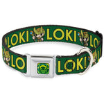 Loki Face Icon Full Color Yellow/Greens Seatbelt Buckle Collar - Kawaii LOKI Standing Pose/Text Green/Yellow