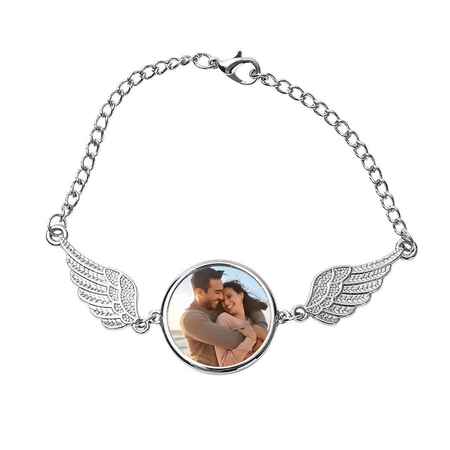 Custom Photo Angel Wings Bracelet | Personalized Photo Charm Bracelet | Silver Gift