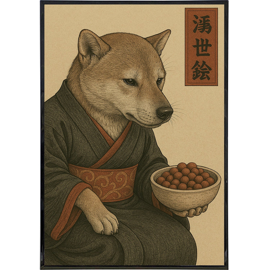 Dog Contemplating Kibble Japanese Ukiyo-e Style Poster Print