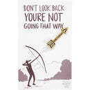 Don't Look Back Arrow Enamel Pin in Gold on Gift Card