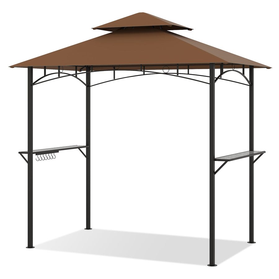 Outdoor Double-Tiered Grill Gazebo Canopy with 2 Shelves and 7 Hooks