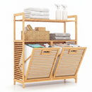 Double Tilt-Out Laundry Hamper with 2 Shelves - Natural Bamboo