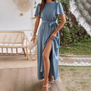 Dress with spring and summer temperament, solid color lace up slit dress