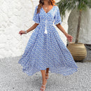 Spring/Summer Women's V-neck High Waist Elegant Printed Dress