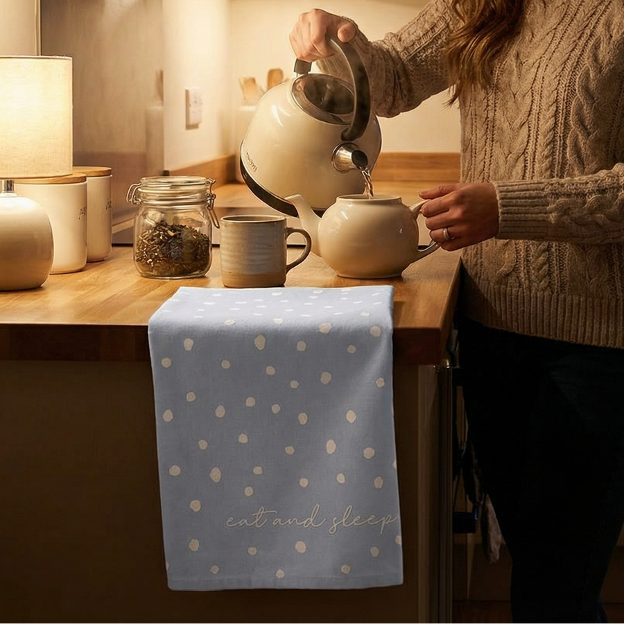 Eat and Sleep Dotted Blue Tea Towel | Extra Large 20