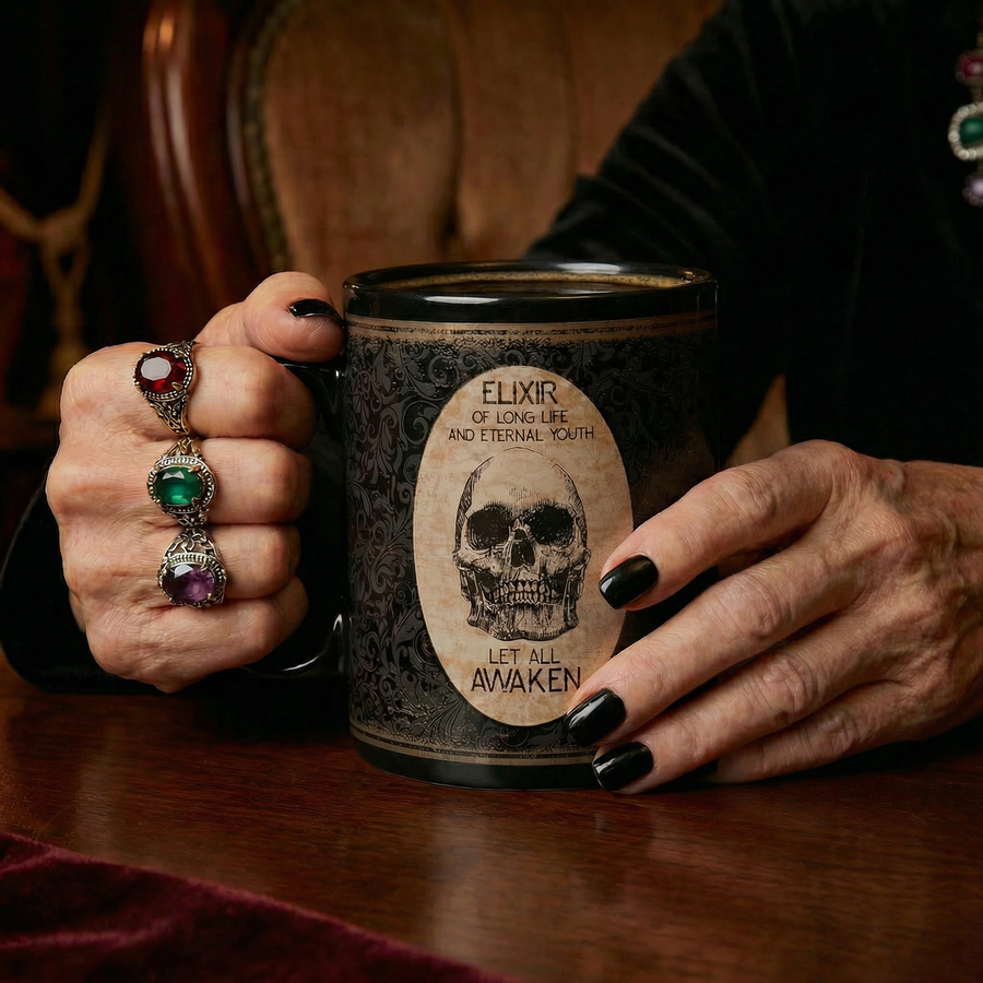 Elixir Of Long Life Eternal Youth Large Stoneware Skull Coffee Mug | Holds 20 oz.