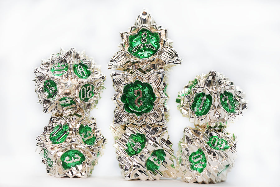 Floral Starburst: Frozen Fern - Metal RPG Dice Set