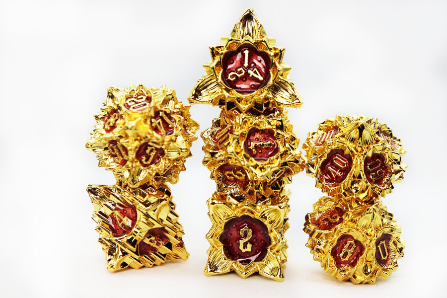 Floral Starburst: Carmine Canna - Metal RPG Dice Set