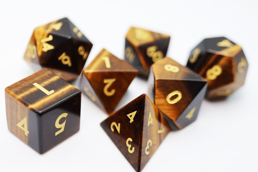 Tiger's Eye - Engraved with Gold RPG Dice Set
