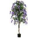 Set of 2 Fake Ficus Plant 6 FT Artificial Wisteria Tree with Natural Trunks and Purple Lifelike Flowers