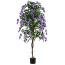 Set of 2 Fake Ficus Plant 6 FT Artificial Wisteria Tree with Natural Trunks and Purple Lifelike Flowers