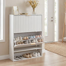 Fluted Shoe Cabinet with 2 Flip Drawers and Open Storage