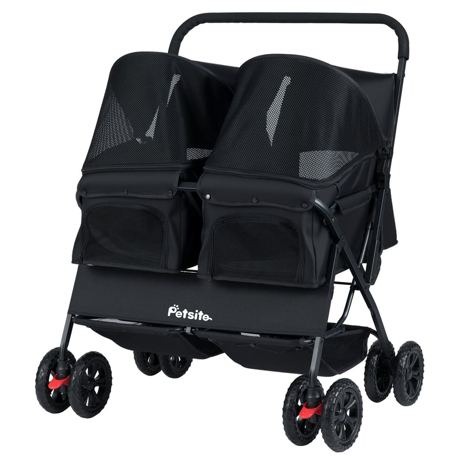 Foldable Double Pet Stroller with Adjustable Sunshade and Storage Basket