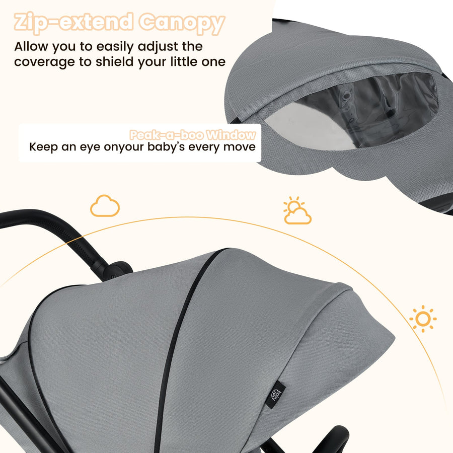 Foldable Infant Pram Stroller with Reversible Seat Reclining Backrest