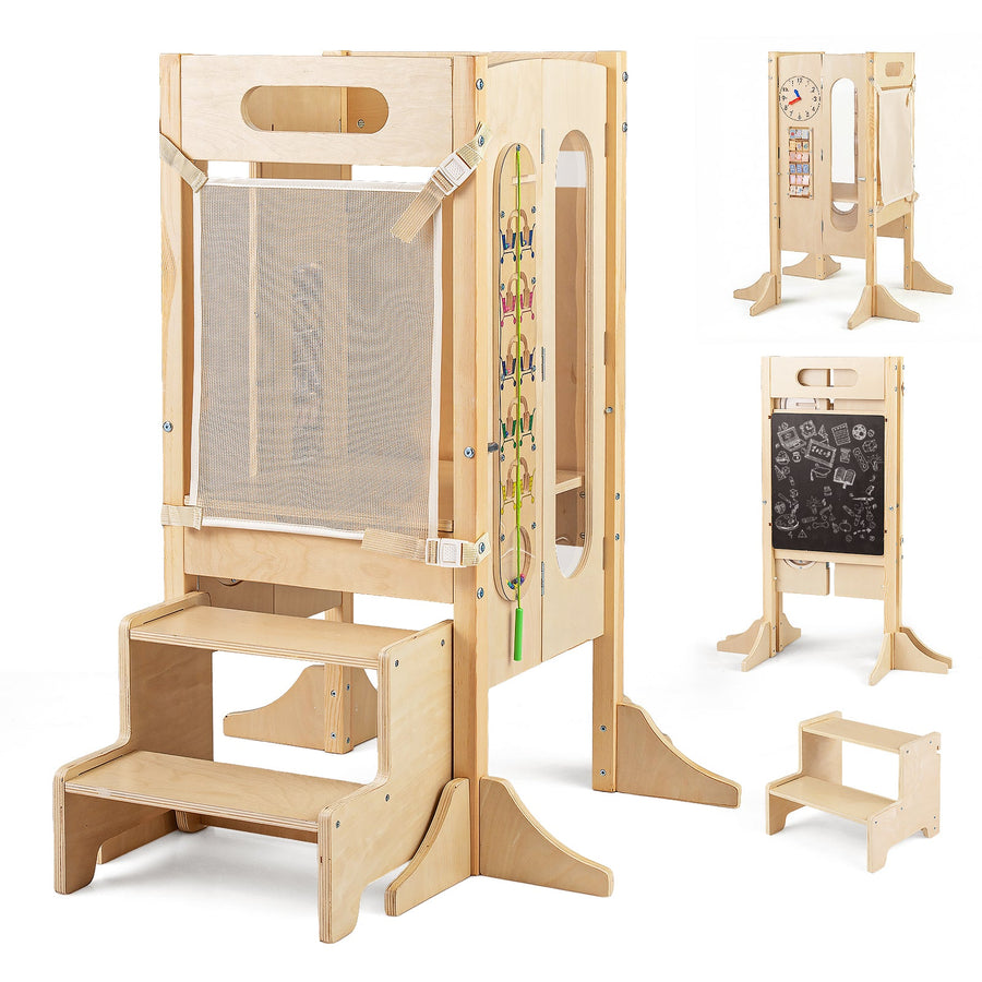 Foldable Toddler Tower with 2-Step Stool and Safety Net for 3+ Years Old