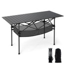 Patio Folding Camping Table with Roll-up Tabletop and Mesh Basket