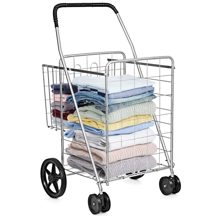 Folding Shopping Cart for Laundry with Swiveling Wheels and Dual Storage Baskets