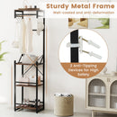 Freestanding Coat Rack with 4 Storage Shelves and 6 Hooks-Rustic Brown