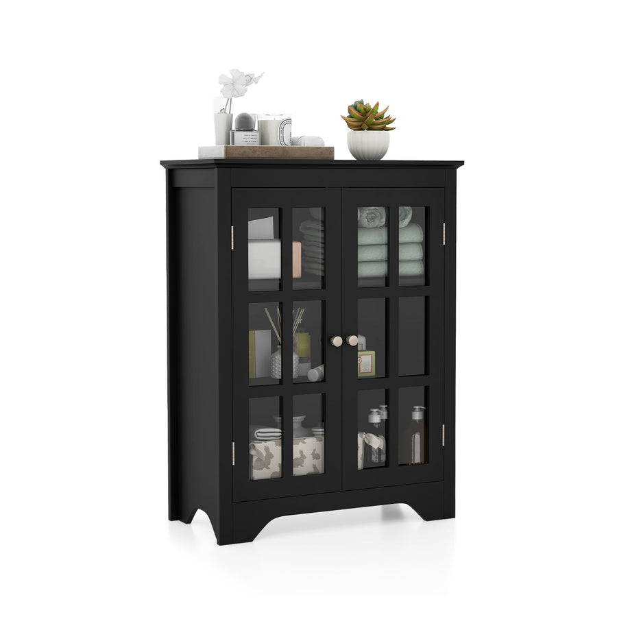 Freestanding Display Storage Cabinet with 2 Glass Doors and Adjustable Shelves