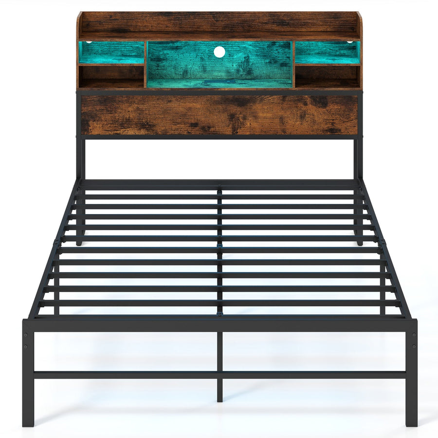 Full Size Bed Frame with Headboard LED Lights and Charging Station