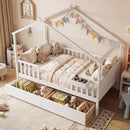 Full Size House Bed with Roof and Fence Rails for Kid