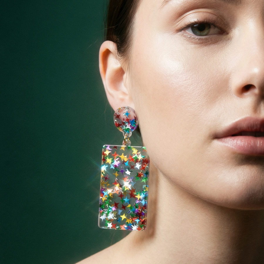 Fun Starts Now Party Earrings | Confetti Glitter Acrylic Novelty Earrings | 2.5