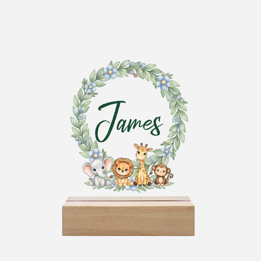Personalized Baby Safari Night Light with Name | Botanical Wreath, Elephant, Lion, Giraffe, and Monkey | Gender Neutral Nursery Gift