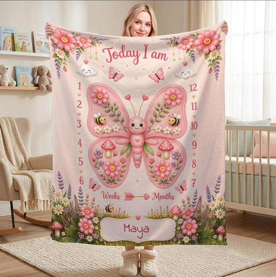 Personalized Baby Milestone Blanket with Name - Butterfly Garden Design with Month Numbers, Meadow Border, and Baby Name on Cream Oval Plaque - Newborn Photoshoot Prop