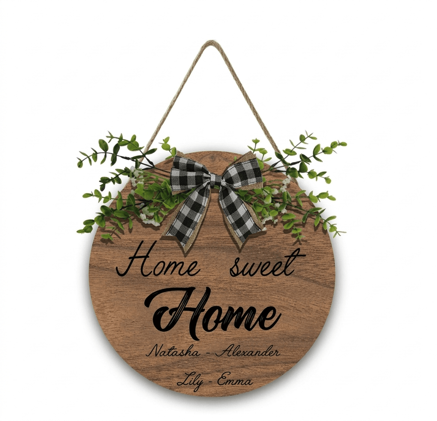 Personalized Home Sweet Home Round Wooden Sign | Custom Names | Gingham Bow & Greenery