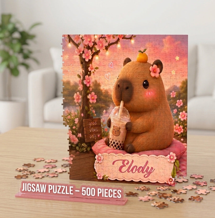 Personalized Capybara Puzzle | Custom Name | Good Vibes Pink Blossom 500-Piece Jigsaw Gift