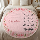 Personalized Baby Milestone Round Blanket with Name - Pink Floral Design with Month Numbers 1-12 and White Ruffle Edge - Baby Girl Gift