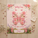 Personalized Baby Milestone Blanket with Name - Butterfly Garden Design with Month Numbers, Meadow Border, and Baby Name on Cream Oval Plaque - Newborn Photoshoot Prop