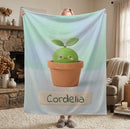 Personalized Kawaii Plant Blanket | Custom Name | Cute Succulent Pot Mint Blue Fleece Throw Gift