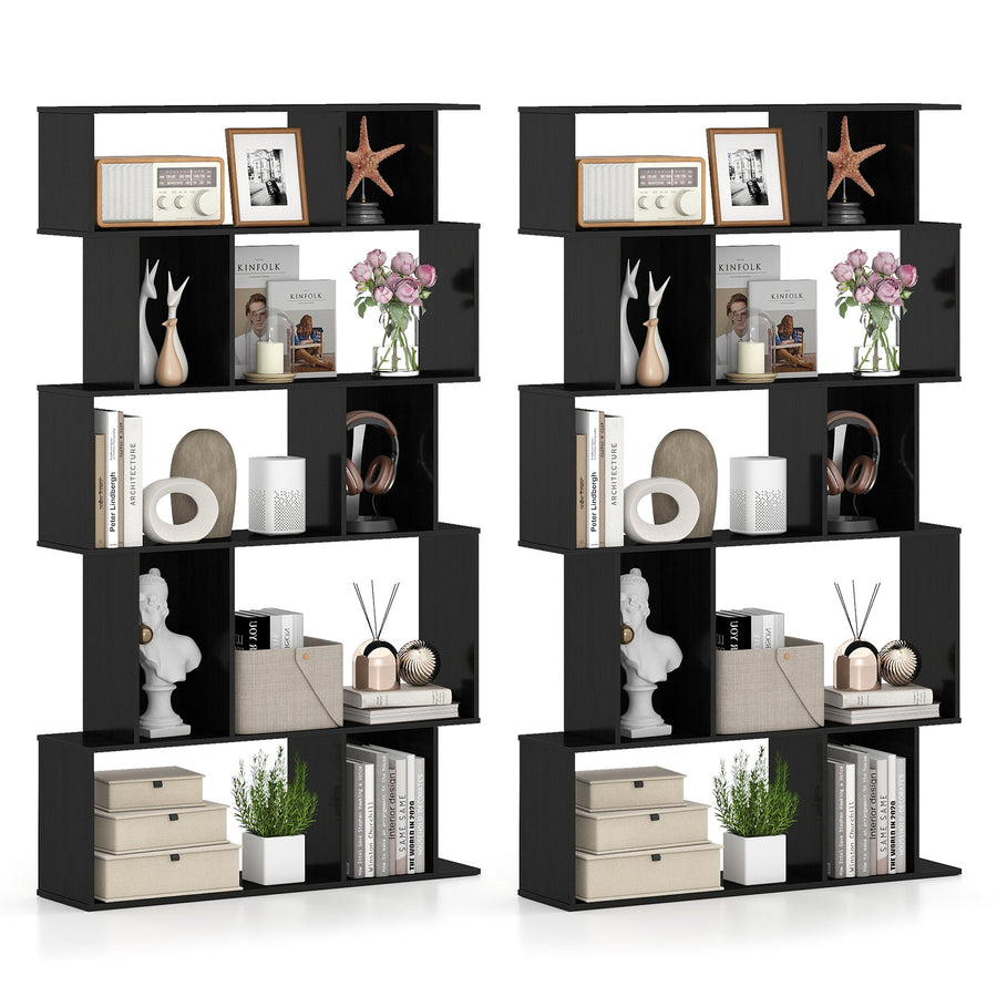 Geometric Bookshelf Set of 2 5-Tier Bookcase with Open Shelves and Closed-back Cubes