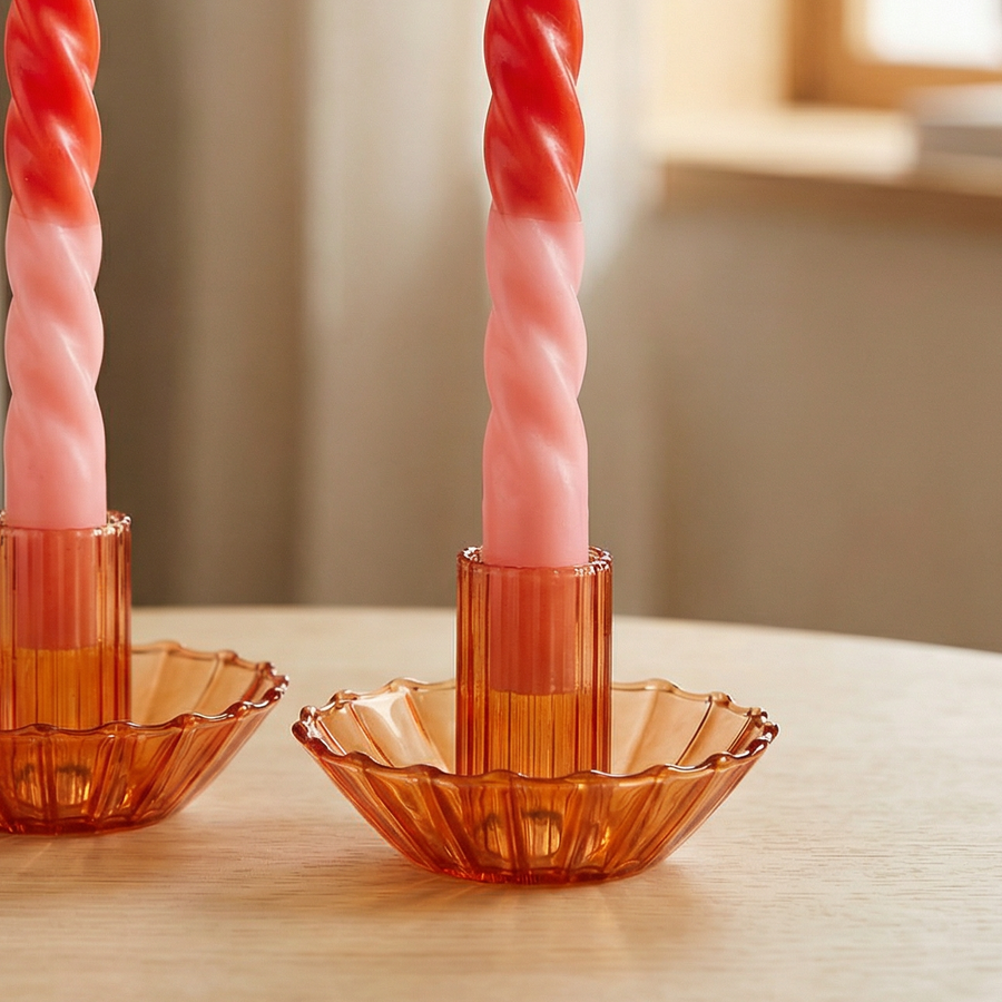 Glass Candle Holder in Red | Aesthetic Tinted Glass Taper Candle Sticks Candlestick Base