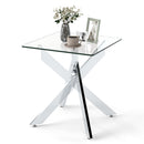 Glass Side Table Square End Table with Tempered Glass Top and Metal X Base-Silver