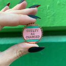 Guilty As Charged Pink and Mint Enamel Pin on Gift Card