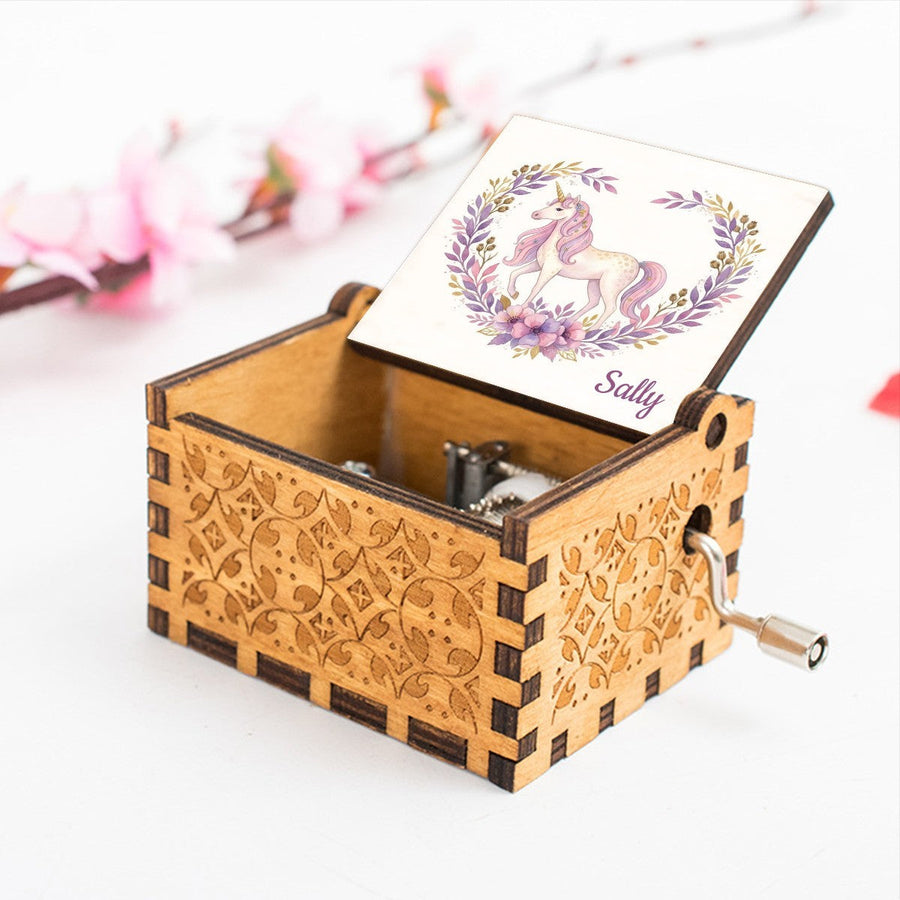 Personalized Music Box with Name - Watercolour White Unicorn in Lavender Floral Wreath - Hand-Crank Wooden Music Box Plays You Are My Sunshine - Unicorn Gift for Girls