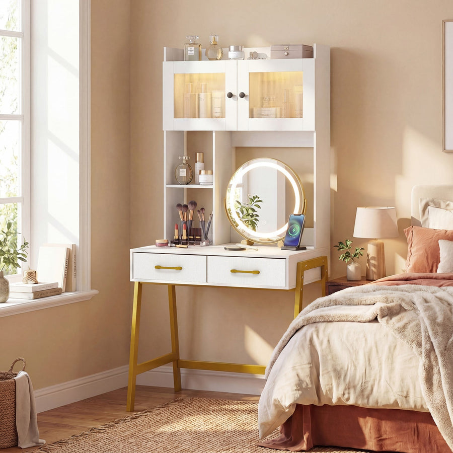 Vanity Desk with Rotatable Mirror and Lights Modern Dressing Table with 3 Light Colors-Brown
