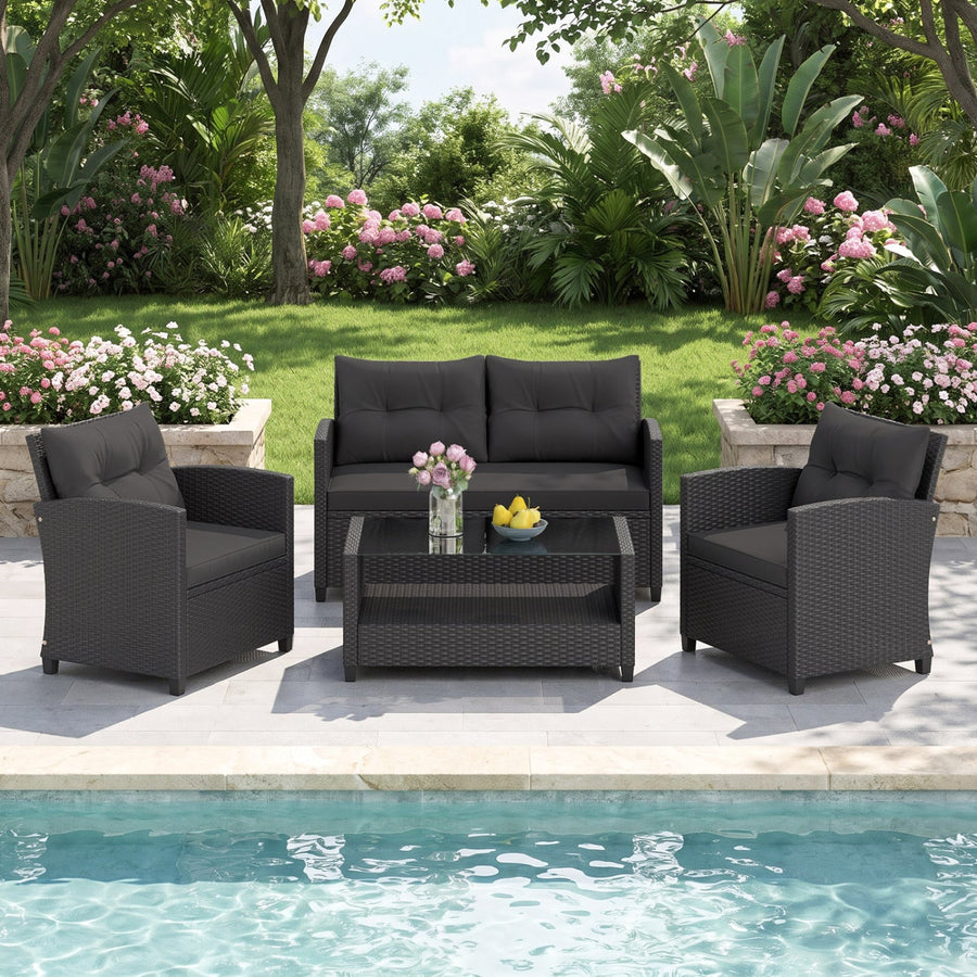 4 Pieces Patio Rattan Conversation Furniture Set with Glass Top Coffee Table-Gray