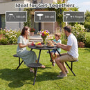 Round Picnic Table for 4 with Umbrella Hole and Iron Seats